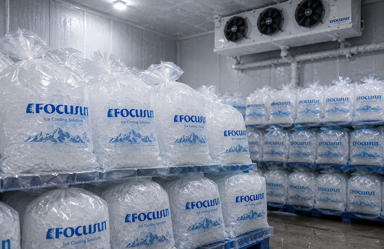 Ice making and storage project featuring industrial ice production and storage systems for commercial and construction applications.