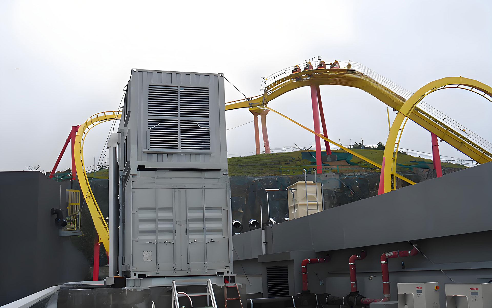 Outdoor unit of snowmaking equipment for reliable artificial snow production in snow parks, ski resorts, and animal habitats.
