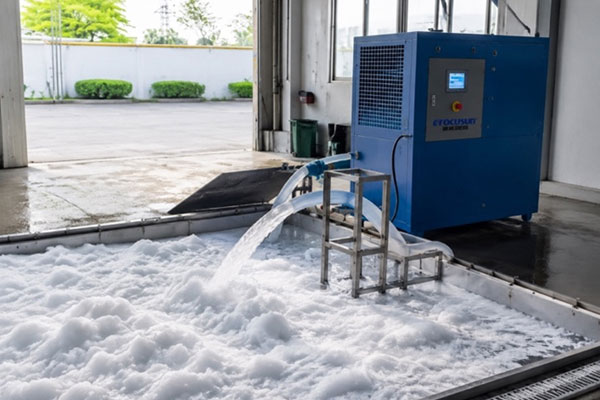 Focusun supercooled water snow machine producing fine artificial snow for indoor snow parks, ski resorts, and year-round winter attractions.
