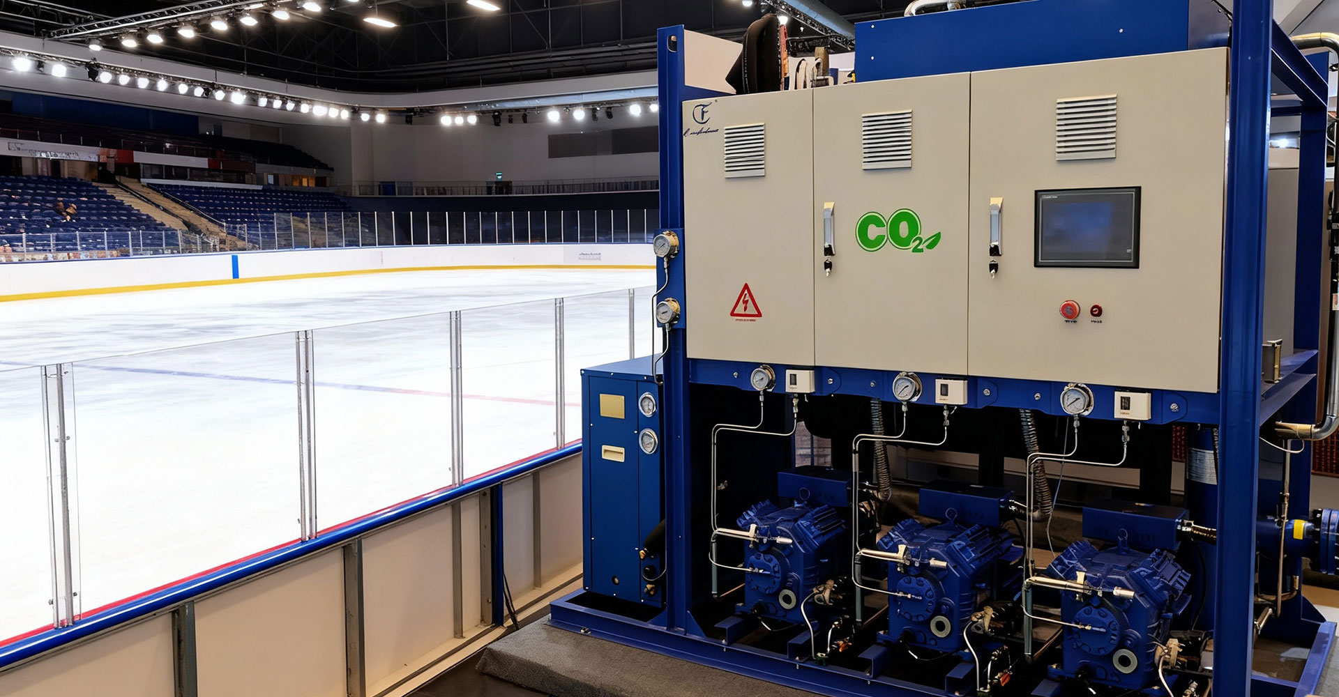 CO₂ transcritical refrigeration system for energy-efficient ice rink cooling and sustainable commercial ice rink operation.