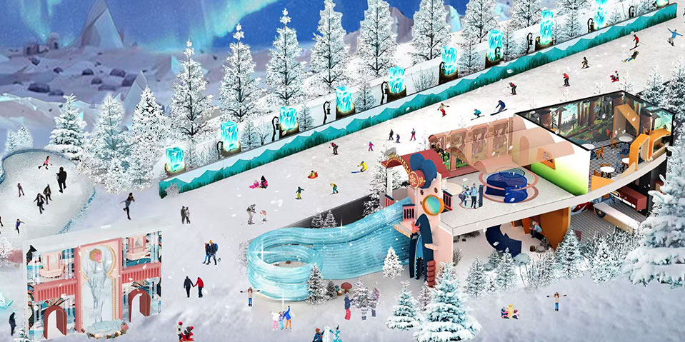 Snow-park attraction design creating immersive snow and entertainment experiences with customized layouts and themed facilities.