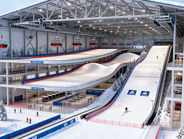 3D ski resort concept design by Focusun with planned ski slopes, snowmaking systems, and recreational facilities.
